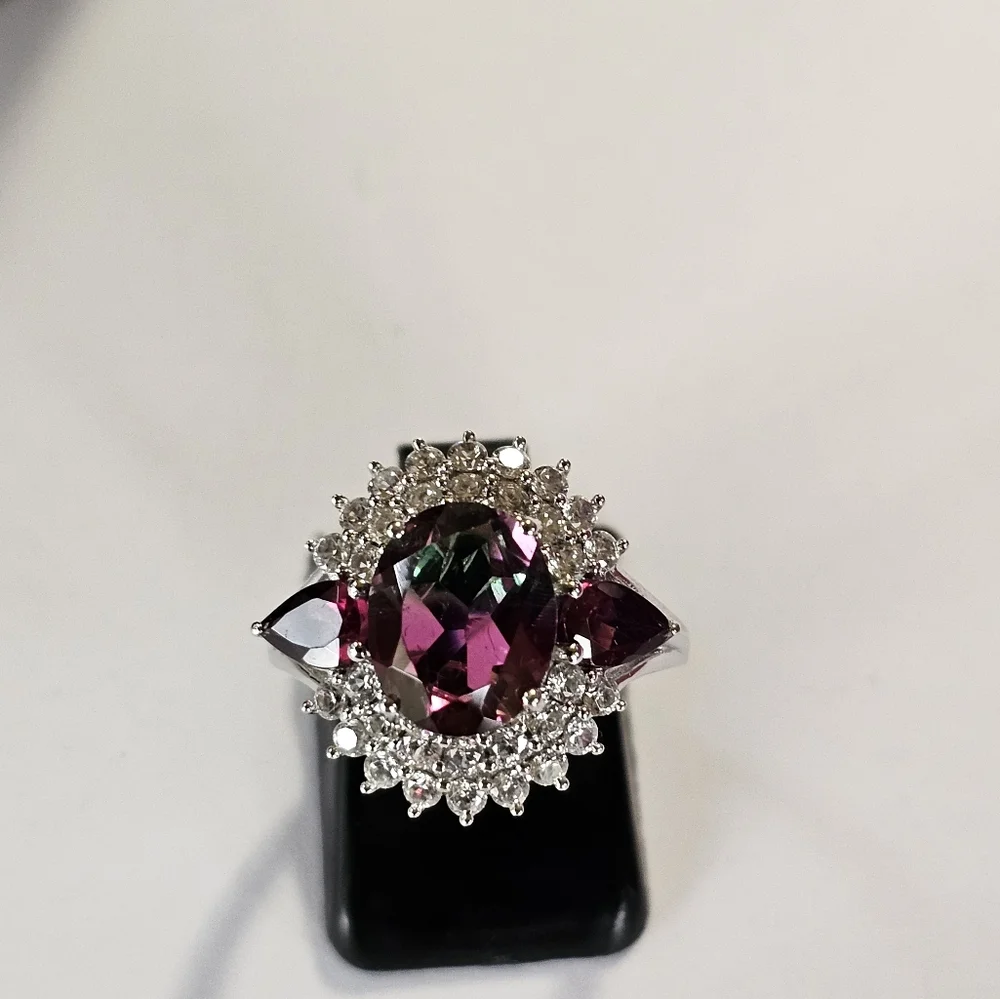 Genuine Watermelon Quartz & Multi Gemstone Ring Platinum over 925 Sz 6! - Picture 6 of 13